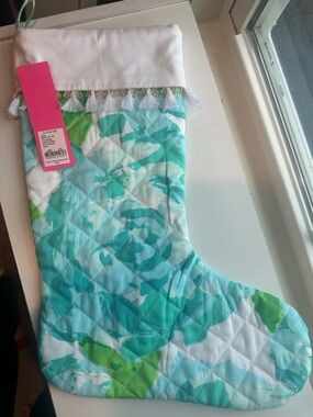 Lilly Pulitzer Turquoise Floral Quilted Stocking with Tassel Trim